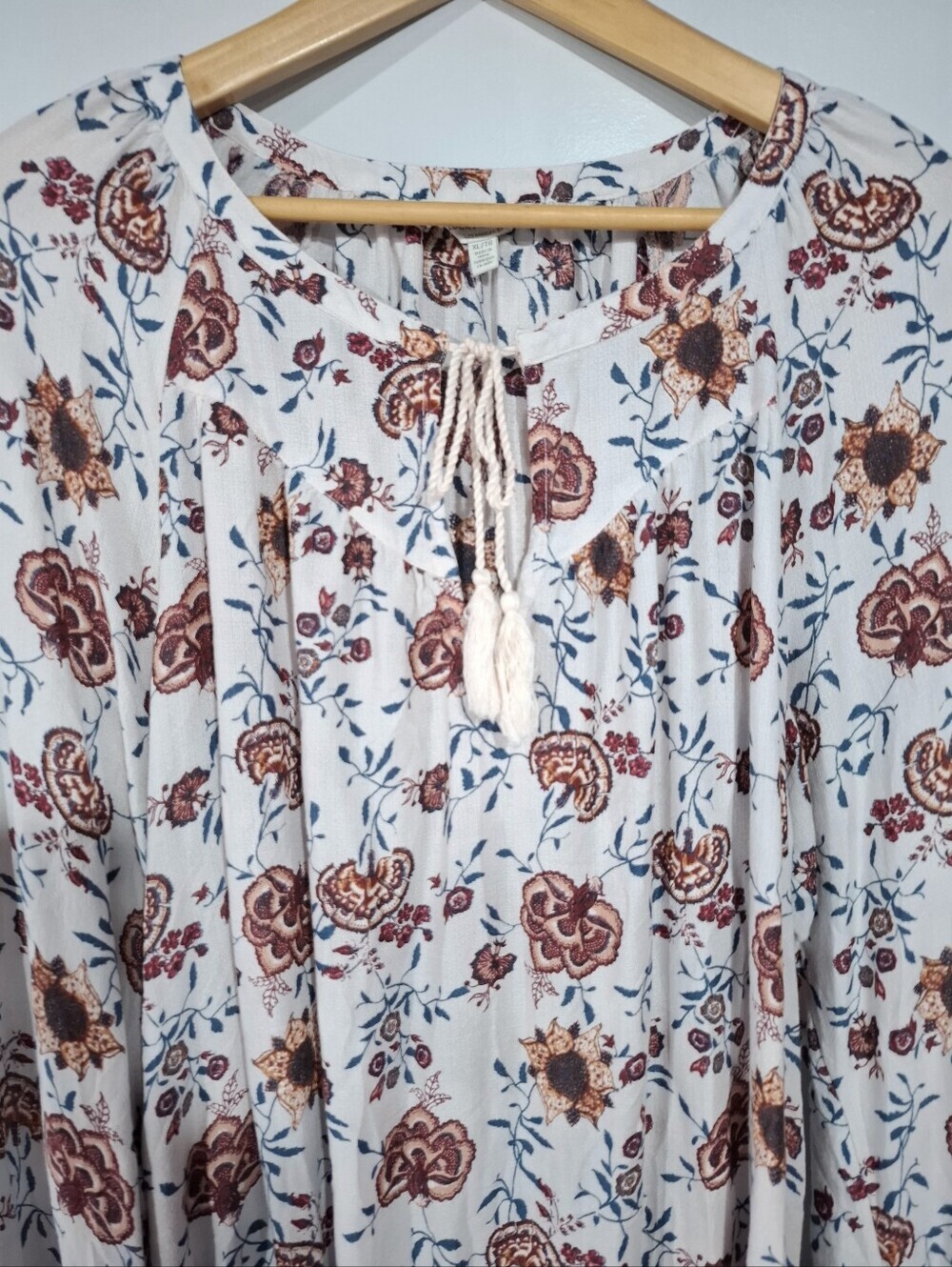 Lucky Brand Womens XL Cream Rust Peasant Boho Top Tassel Tie Paisley Floral - Picture 4 of 10